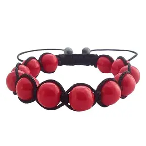 RRJEWELZ Natural Red Stone Round Shape 12mm Smooth Beads Black Color Threaded Shamballa Adjustable Bracelet For Men & Women. |TDBR_1526