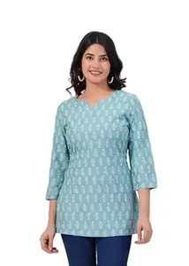 Women's Block Floral Printed Slate Blue V-Neck 3/4th Sleeves Waist Length Regular Fit Short Kurti