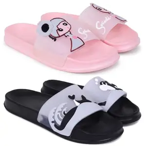 Pampy Angel Combo Pack of 2 Slipper/Flip Flops/Slides for Women,(Senorita-Pink,Dolphin-Black),41 (Euro)