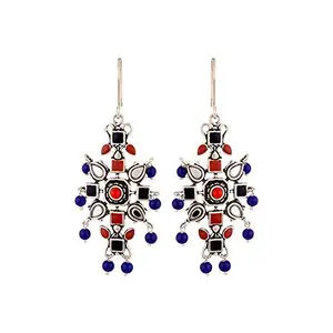 Voylla Oxidised Silver Plating Kesar Tribal Jewelry Inspired Earrings Blue Red Pearl Beads Studed for Women and Girls