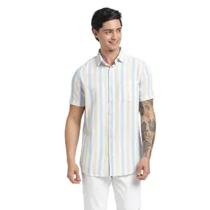 BLUE BUDDHA Men's Striped Tailored Fit Half Sleeves Casual Shirt (XX-Large, Yellow)