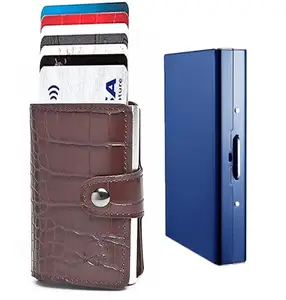 Stealodeal RFID Protector Metal and PU Unisex Cash and Card Holders, Pack of 2, Dark Brown & Blue