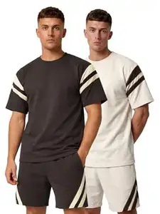 CHKOKKO Men’s Co-Ord Set Premium Cotton Blend Oversized T-Shirt & Shorts Cord Set with Side Pockets Round Neck Half Sleeves Solid with Contrasting Stripes Summer or Casual Wear
