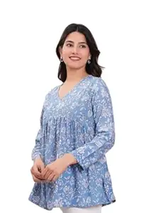 Women’s Floral Print Short Viscose Rayon Kurti for Girls | Regular Wear Flared Tunic Top 3/4 Sleeves V-Neck Top for Women | Short Kurtis for Women