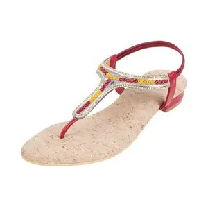 Mochi Women Maroon Ethnic Flat Sandal UK/4 EU/37 (35-993)