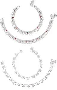 AanyaCentric Pack of 2 Pair Indian Traditional Ethnic White Metal Anklet Pair Silver Leg Bracelet For Women Girls