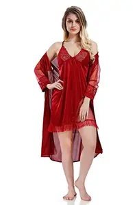 Nightify Solid Satin Short Night with Robe for Women, Maroon - Free Size