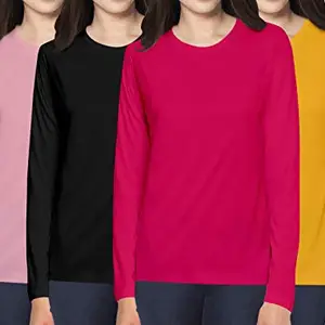 Pooplu Women's Regular Fit Premium Combo Round Neck Full Sleeves Pack of 4 Cotton Plain Pink, Black, Dark Pink, Yellow t-Shirts. Casual, Stylish, Pootlu Plain Tshirts.(Oplu_Multicolored_Large)