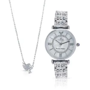 CrepeS Stylish Prism Analog Watch Silver-MOP & Little Heart Pendant in Silver Combo for Women