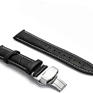 Ewatchaccessories 20mm Genuine Leather Watch Band Strap Fits Black with White Stitch Dep-17