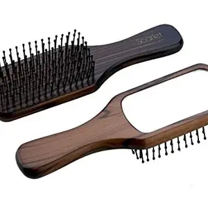 Scarlet Line Professional Small Maple Wood Anti Static Paddle Hair Styling Brush with Back Side Mirror and Wooden Handle for Men and Women_Brown