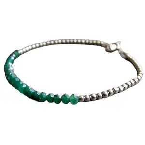 RRJEWELZ Green Onyx Rondelle Beaded Bracelet – Faceted 3.5mm Green Stones with Silver Lock – 7 Inch Adjustable link Bracelet for Men & Women|LCBR_RR_03532