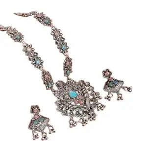 Pink and Sky Blue Long Flower Peacock Necklace for Women – Traditional Indian Jewelry