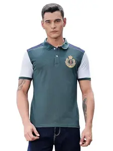 Thomas Scott Thoms Scott Men's | Solid | Polo Neck | Polyester Blend | Knitted | Button Closure | Ribbed Shorts Sleeve | Regular Fit | Tshirt for Men (CCMPT03_BottleGreen_S)