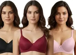 Imsa Moda Women’s Nylon Lycra Padded Non-Wired Full Coverage Everyday Bra | Soft, Comfortable & Supportive | Seamless Regular Wear Bra (Pack of 3)