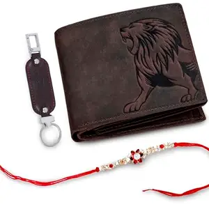 URBAN FOREST Rakhi Gift Hamper for Brother - Vintage Brown Men's Leather Wallet, Brown Keyring and Rakhi Combo Gift Set for Brother - 4702R