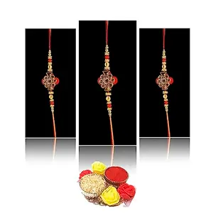 Saugat Traders Kundan Rakhi for Brother Set of 3 with Roli Chawal Chopra | Designer Rakhi | Handmade Rakhi | Exclusive Rakhi (Design 1)