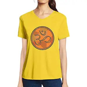 Pooplu Women's Regular Fit Om Meditation Cotton Graphic Printed V Neck Half Sleeves Multicolour t-Shirt. Exercise & Gym Pootlu Tshirts.(Oplu_Yellow_X-Large)