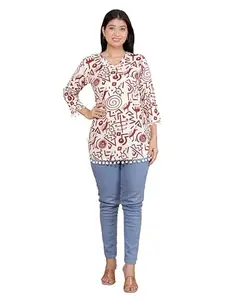 Sanket Online Store Geometric Printed Straight 3/4th Sleeves Kurti Perfect for Casual, Formal, and Ethnic Wear (White Maroon-XXL)