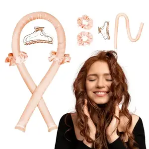 Gleva Heatless Curling Rod Headband, DIY Hair Rollers Styling Tool for Sleep in Overnight, No Heat Silk Ribbon Curling Rod, Hair Roller Curls with Hair Claw Clip, Hair Rollers Styling Tool for Girl & Women (Champagne)