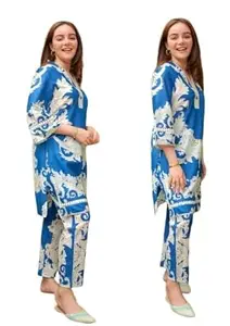 Diksha Fashion Digital Printed Coord Set for Women's and Girls Rayon (Blue) (L, Blue)