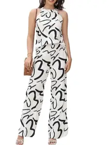 MATMA FASHION Women's Sketch Graphic Wide Leg Sleeveless Casual Top Trouser Set
