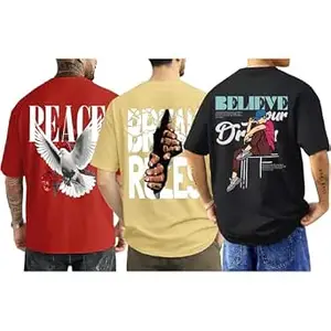 ENCIGER Men's Oversized Cotton T-Shirt Pack | Drop Shoulder Graphic Printed Casual Streetwear Combo | Baggy Hip-Hop Tshirts