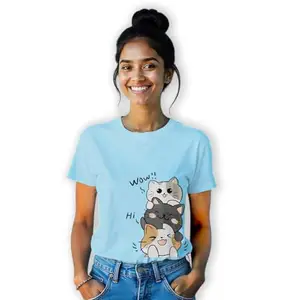 PRINTEE SPOT Tshirts | Women's 100% Cotton Printed Cute Cats Kitten Three Cats Round Neck T-Shirt for Women's Unisex T-Shirt (in, Alpha, L, Regular, Cool Blue)