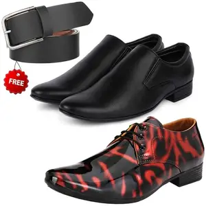 Fashionable Trendy Formal Shoes/Party Shoes/ 2 Shoes Combo with Free Belt for Men and Boys (BAZAAR7750_VTR01-Blk-Red-401-Blk) Multicolor
