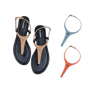 Cameleo -changes with You! Cameleo -changes with You! Women's Plural T-Strap Slingback Flat Sandals | 3-in-1 Interchangeable Strap Set | Brown-Polka-Dots-Leather-Light-Blue-Red