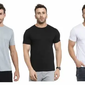 SWAGGER JNS Dry Fit Solid Sports T-Shirt for Men Half Sleeve Regular Fit T-Shirt Running Gym Plain T-Shirt Unisex (Pack of 3) (Grey, Black, White)