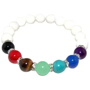 Lady Works Natural 7 Chakra Stone & White Jade 10mm Round Shape Smooth Cut Beads 7.5 Inch Stretchable Bracelet For Men & Women. Unisex Bracelet For Healing, Meditation, Prosperity & Luck|LW_BRST_00116_7.5