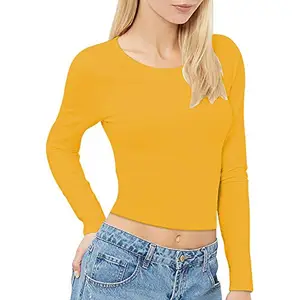 THE BLAZZE 1089 Women's Basic Sexy Solid Round Neck Slim Fit Full Sleeve Crop Top T-Shirt for Women (Small, Yellow)