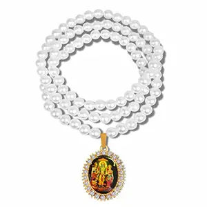 Airtick JAR0323-04 Unisex Oval Shape Diamond Nug Hindu God Lord Shri Ram Darbaar Religious Pendant Locket Necklace With White Pearl Beads/Moti Mala