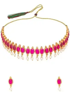 V FASHION JEWELLERY Big Pearl Double Stone Oval Necklace Set for Women (Maroon)