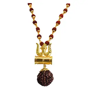 Ujjwal_Ent Men's/Women's Golden Gold-Plated Brass, Agate Wood Lord Shiv Trishul Damru Locket with Panchmukhi Rudraksha Mala (Gold, Brown)