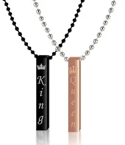 Black & Rose-Gold Romantic Love Valentine's Day King Crown And Queen Crown 3D Vertical Bar Cuboid Stick Custom Name Locket Pendant Necklace With Chain