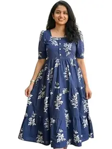 Women's Pure Cotton Maxi Midi Dress Western Dress for Women Elegant Floral Printed Long Dresses | Soft & Breathable Fabric | Casual Trending Dress for Women