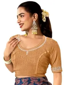 MISS WEARS Women's Regular Fit Readymade Stretchy Elbow Length Embroidered Saree Blouse