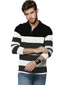 LEWEL Men's Stylish Cotton Striped Polo Neck T-Shirt (White, Black; Small)