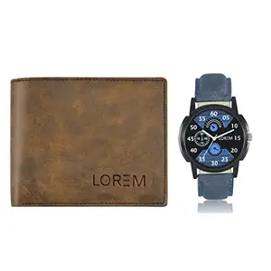 LOREM Combo of Blue Wrist Watch & Brown Color Artificial Leather Wallet (Fz-Wl25-Lr02)