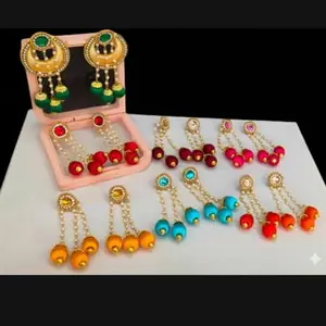 Handcrafted Traditional Pearl Beaded Jhumka Earrings, Multi-Color with Gold Finish, Crystal Embellished Chandelier Design