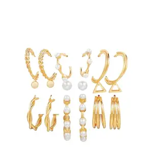 Vembley New Trendy Combo of 9 Pair Pearl Décor Fashionable Hoop & Stud Earrings Set
