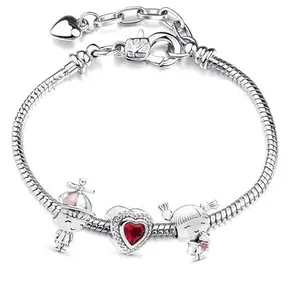 Bling Queen Women's Silver Plated Bracelet With Charming Love Hearts, Pave Heart Padlocks Dangle Charm, Snake Chain Bracelet, Padlocks Dangle Charm, Pendant Beads, Heart Dangle Charm(Red)