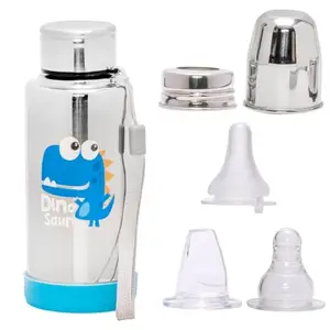 Adore Super Flow Printed Thermos | Printed Wideneck Stainless Steel Feeding Bottle with Silicon Nipple and Silicon Spout 300ml (Dino)