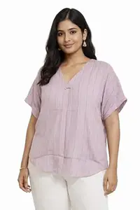 Reeca Women Vertical Striped Tunic Top with V-Neck and Metallic Brooch Detail | Lightweight Short Sleeve Cotton Blend Kurta | Casual Summer Tunic for Women