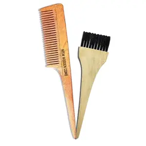 BlackBoss Handmade Wooden Combs Big Size Kacchi Neem Wood Comb Set - Neem Comb Combo For Men & Women Hair Growth - With Wooden Dye Brush - Anti Dandruff, Detangling Hair Fall Control Kanghi Tail Comb