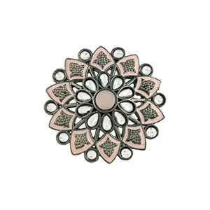 I Jewels Silver Oxidized Kundan Studded Meenakari Work Adjustable Finger Ring for Women (FL198Pi)