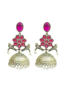 Femmibella Silver-Plated Pink Stone and Pearls Jhumka Earrings For Women and Girls
