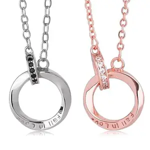 Peora Silver & Rose Gold Plated FALL IN LOVE Round Interlock Band Ring Style Couple Pendant Chain Necklace for Men & Women